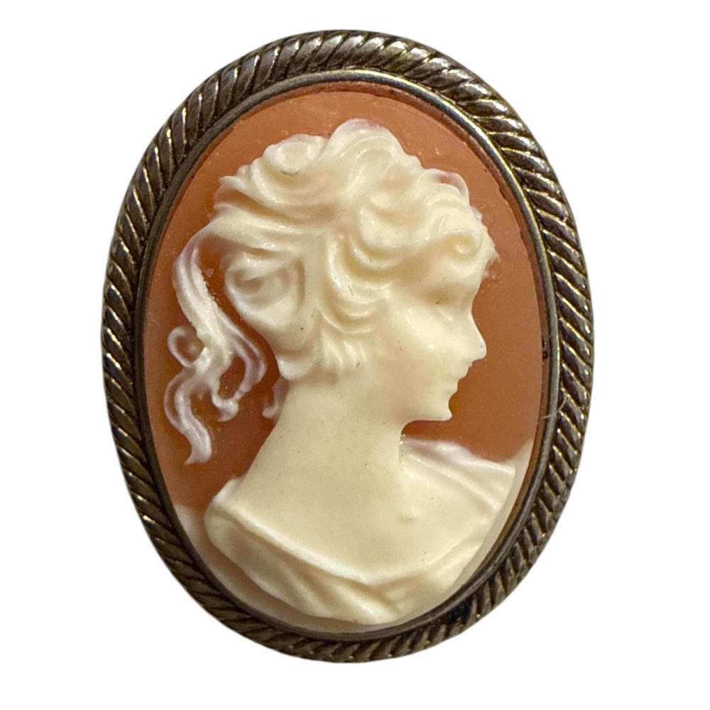 Vintage lady Cameo button covers coral cream and gold toned. Unique color combo